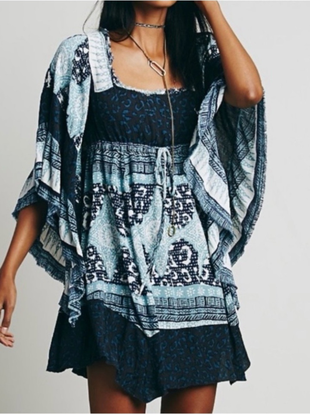 Free People Heart of Gold Indigo Boho Angel Sleeve Mini Dress Sz S Boho Festival